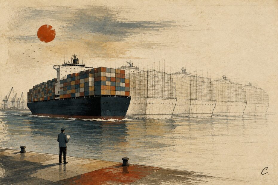 Hand-drawn editorial illustration of a loaded container ship passing a quay while several unfinished vessels emerge as pencil sketches behind it