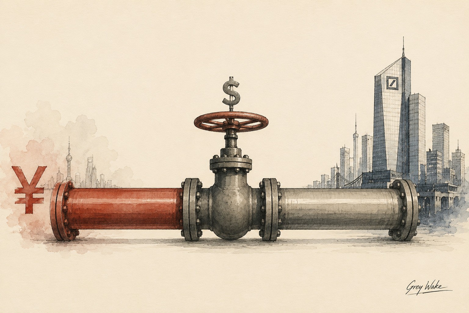 Editorial illustration showing a renminbi pipeline running toward Frankfurt and Deutsche Bank, with a central valve topped by a dollar sign