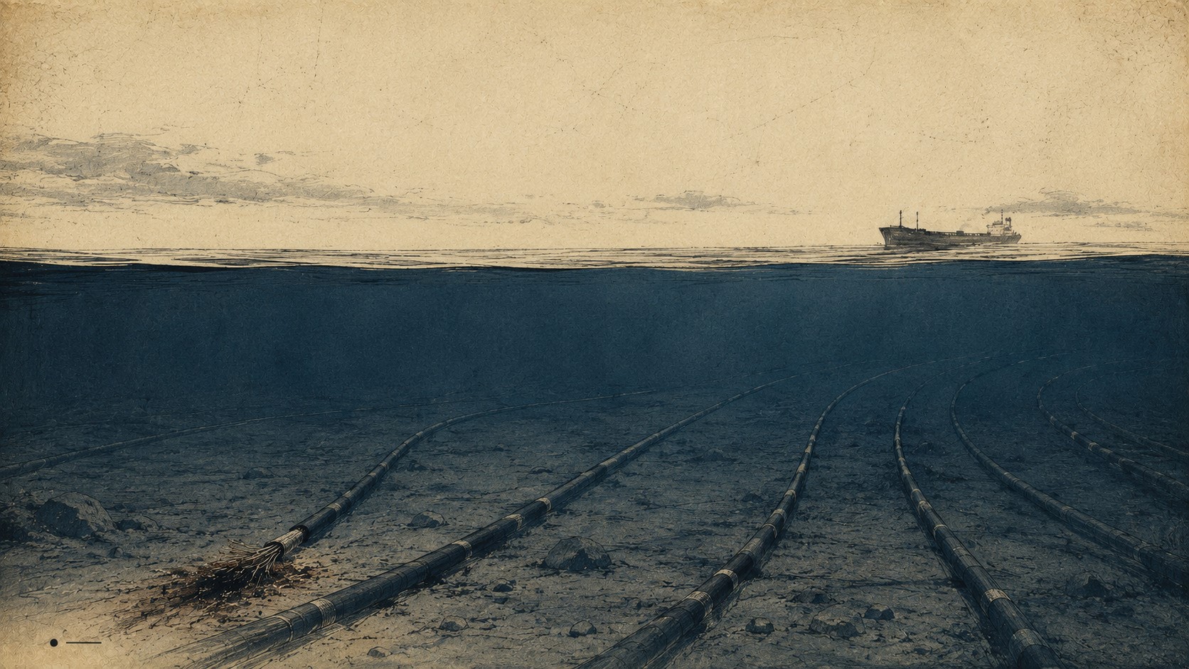 Editorial illustration of a distant vessel above a scarred seabed, suggesting deliberate selection among vulnerable submarine cable routes