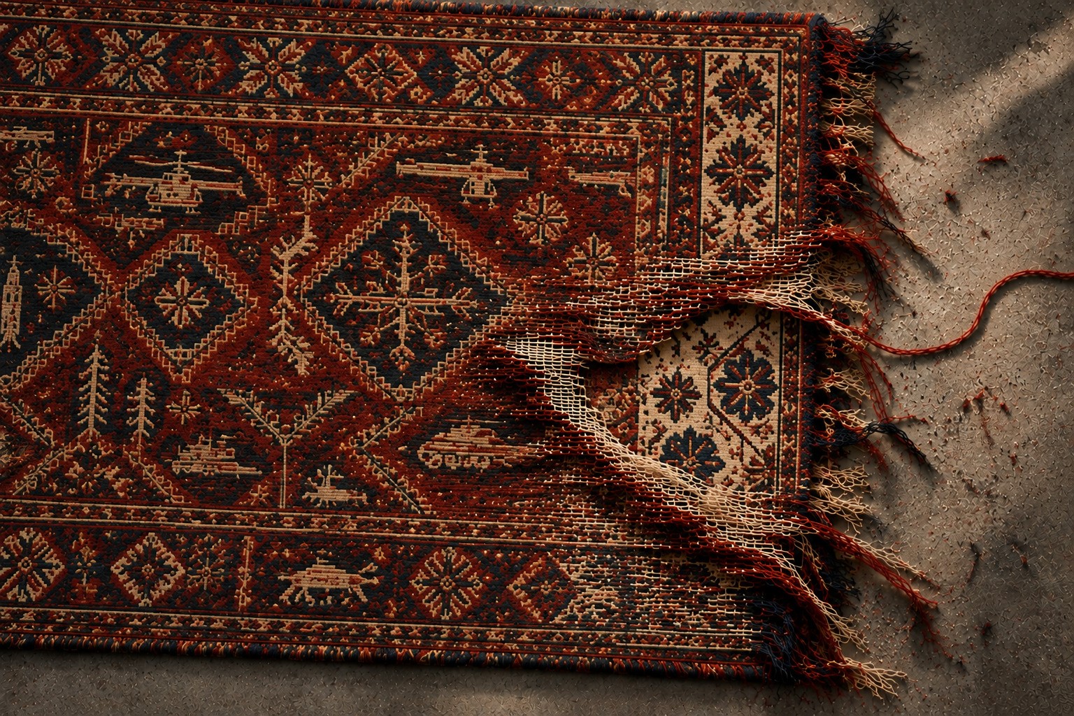 An Afghan war rug woven with military motifs unravels to reveal an older traditional geometric pattern beneath