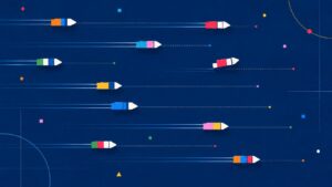Abstract geometric fleet crossing a deep blue field, with one vessel subtly deviating from its algorithmically projected course