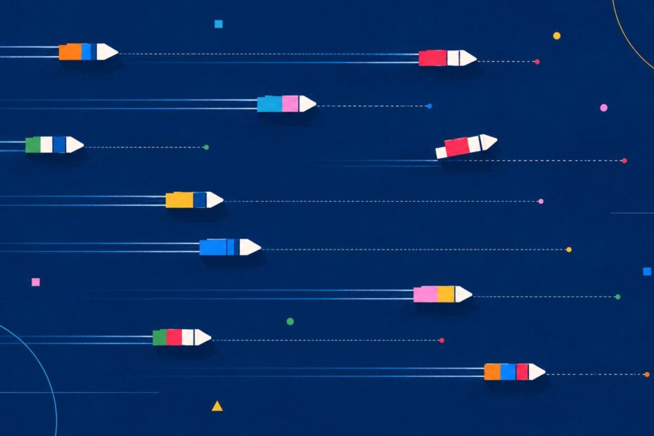 Abstract geometric fleet crossing a deep blue field, with one vessel subtly deviating from its algorithmically projected course