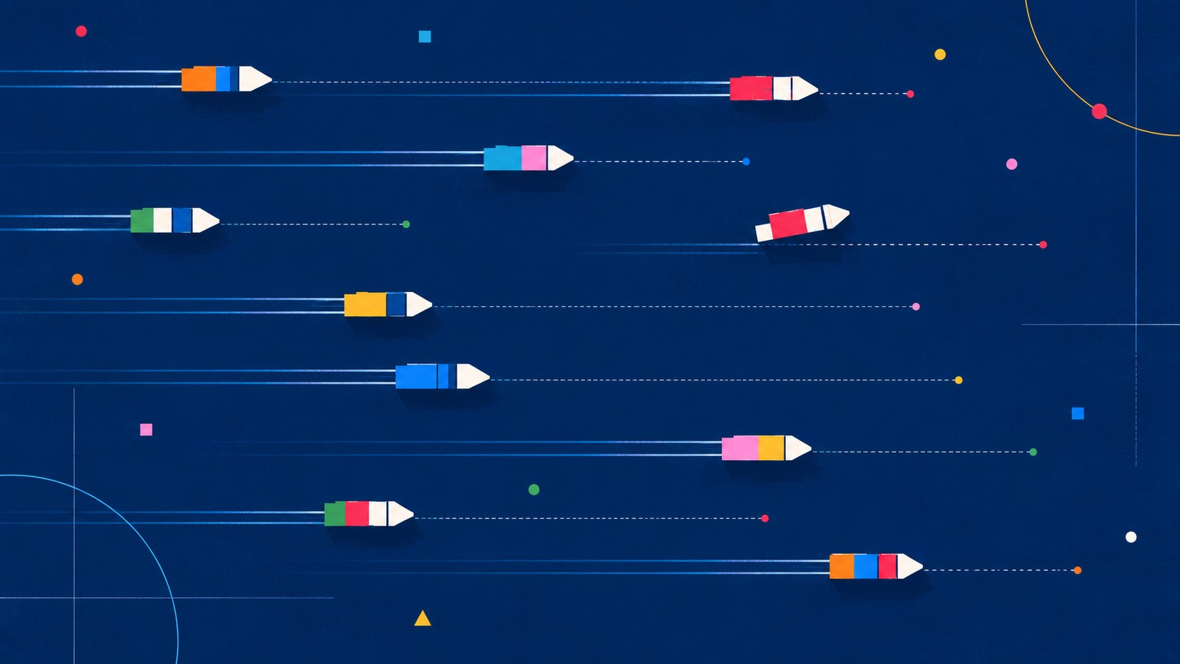 Abstract geometric fleet crossing a deep blue field, with one vessel subtly deviating from its algorithmically projected course
