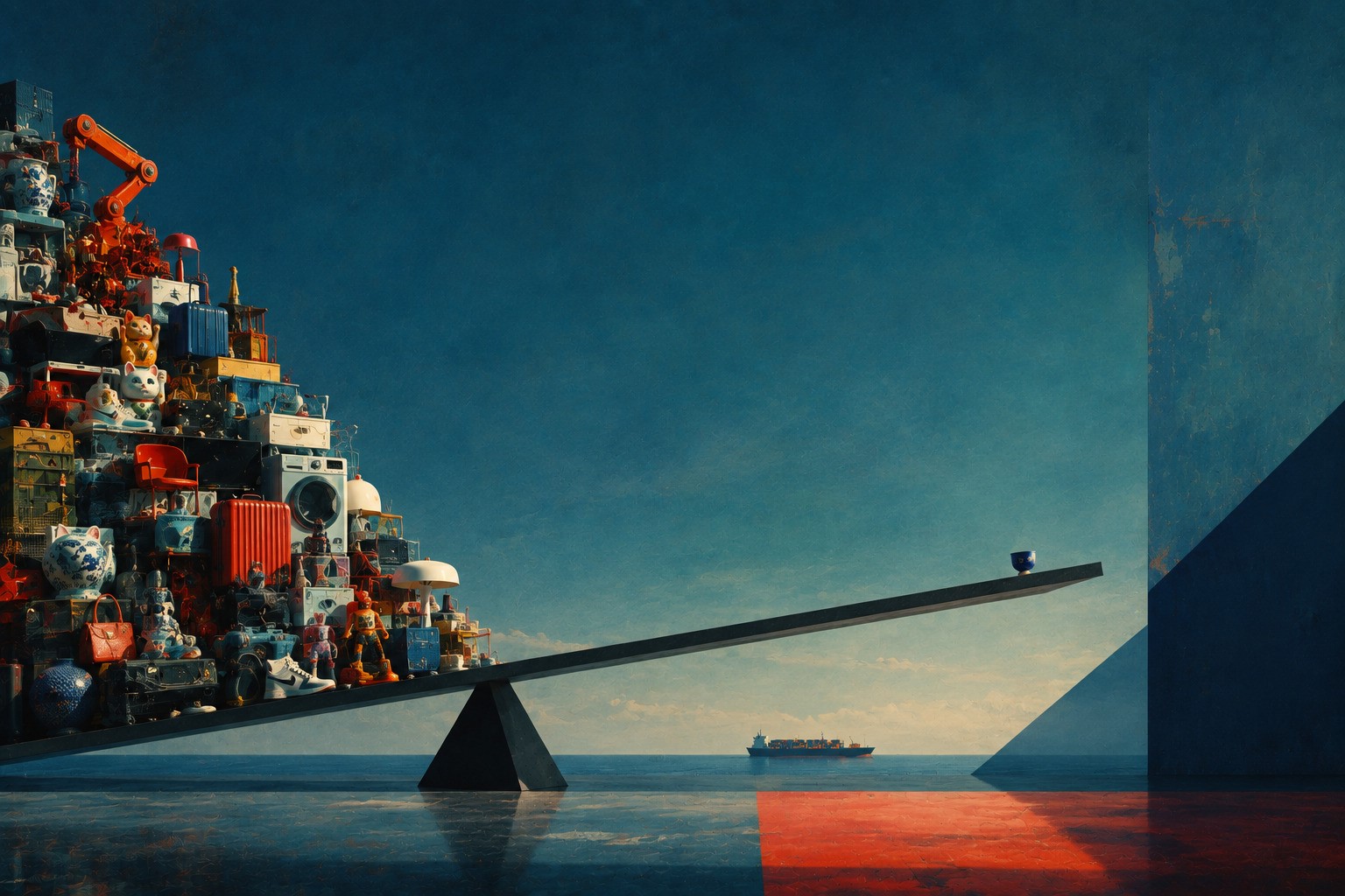 Surreal maritime balance with a towering mass of goods on one side and a single small object opposite