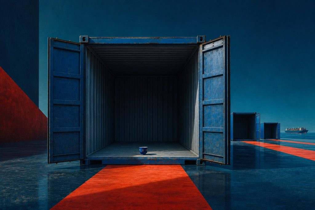 Tiny blue cup sits alone inside a vast open container against a deep blue, red-accented maritime landscape