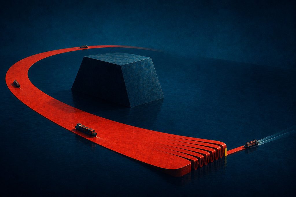 Red shipping route folds and contracts across a deep blue sea as container ships follow its shrinking distance