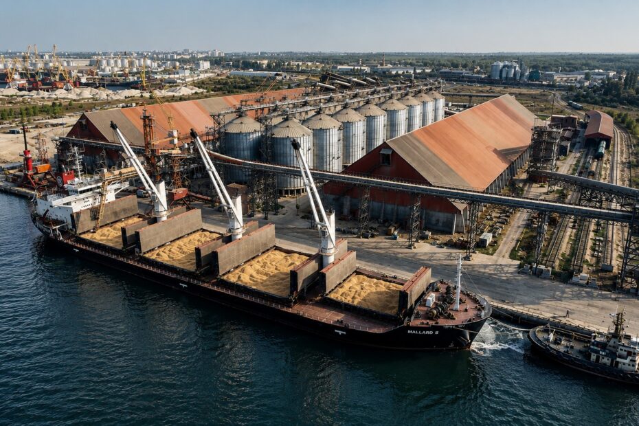 Bulk carrier loaded with grain alongside a Black Sea export terminal, with silos, conveyors and port infrastructure in view
