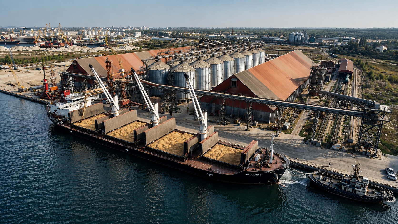 Bulk carrier loaded with grain alongside a Black Sea export terminal, with silos, conveyors and port infrastructure in view