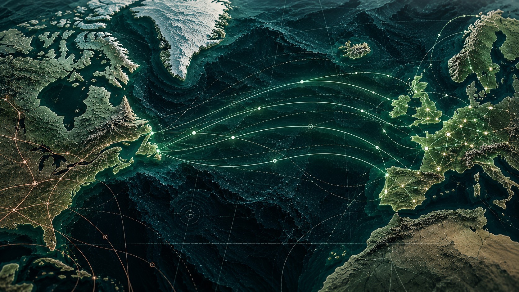 3D relief map of the North Atlantic showing emerging connections between eastern Canada and a network spanning Western Europe