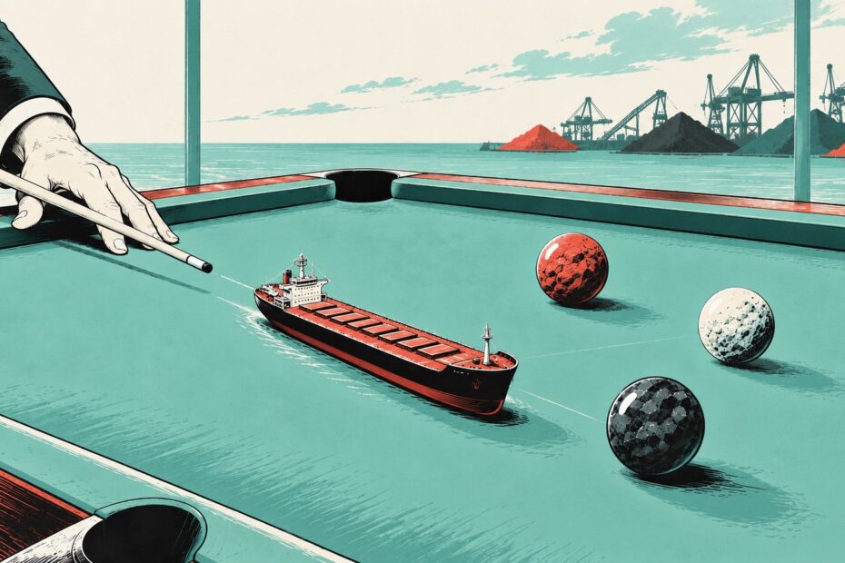 Editorial illustration of a Capesize bulk carrier as a cue ball on a billiards table with commodity-themed balls