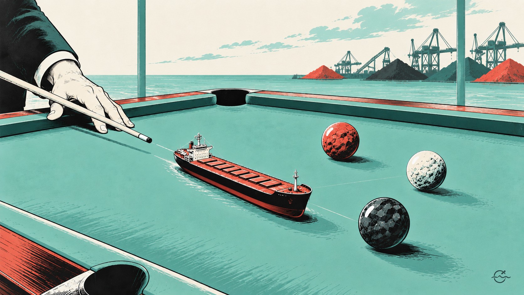 Editorial illustration of a Capesize bulk carrier as a cue ball on a billiards table with commodity-themed balls