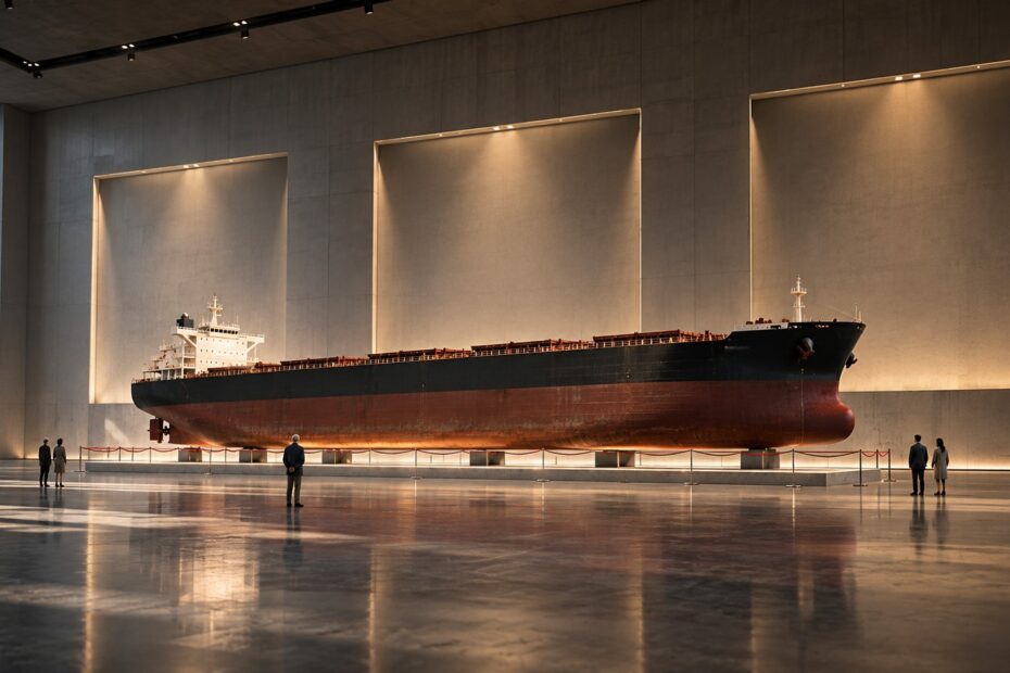 A Capesize bulk carrier displayed as a prized museum exhibit behind red ropes, symbolising scarcity and rising asset values