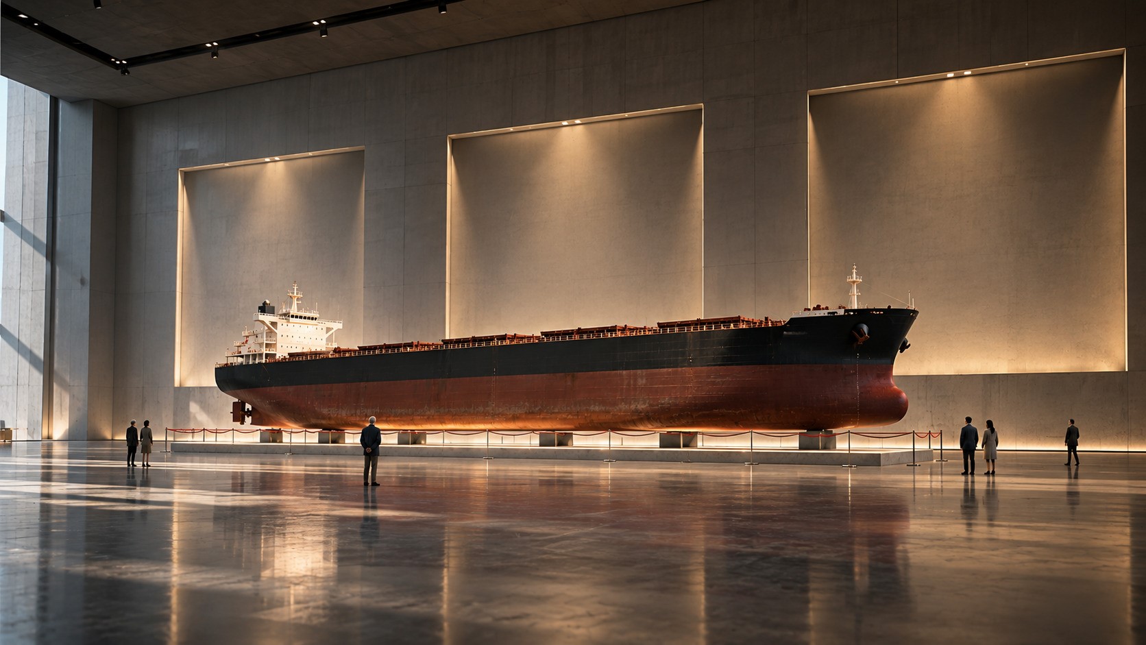 A Capesize bulk carrier displayed as a prized museum exhibit behind red ropes, symbolising scarcity and rising asset values