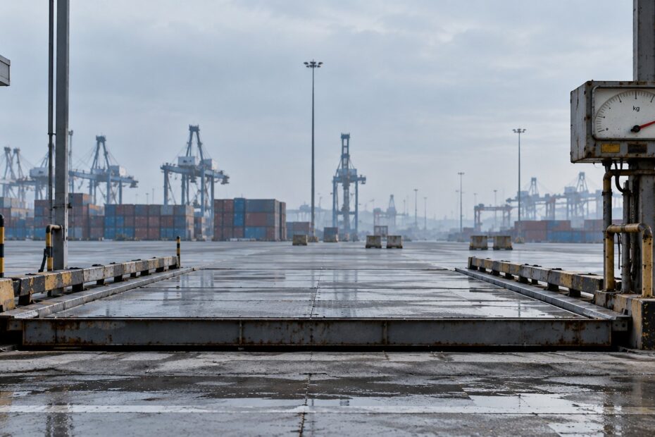 An empty industrial weighbridge at a container terminal, with its weight indicator pointing into the red zone