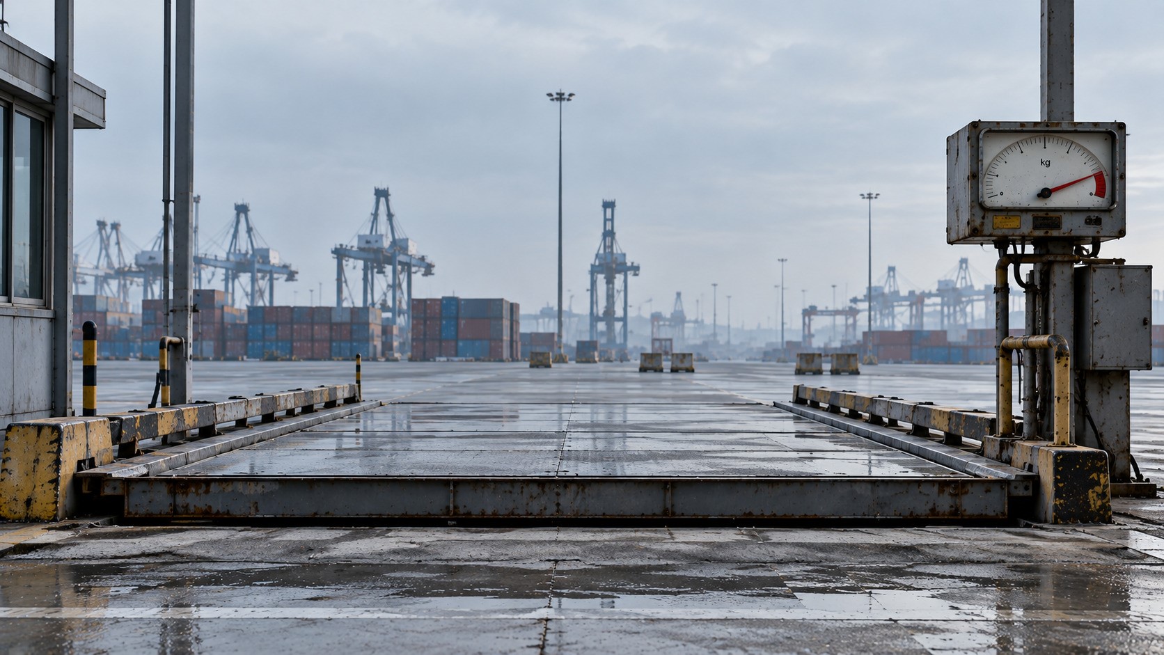 An empty industrial weighbridge at a container terminal, with its weight indicator pointing into the red zone