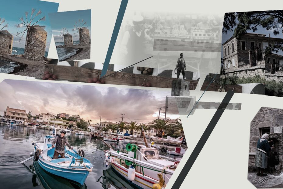 Editorial photomontage of Chios combining a local boatman, the Unknown Sailor monument, Pyrgi patterns, Kampos architecture, windmills and village life