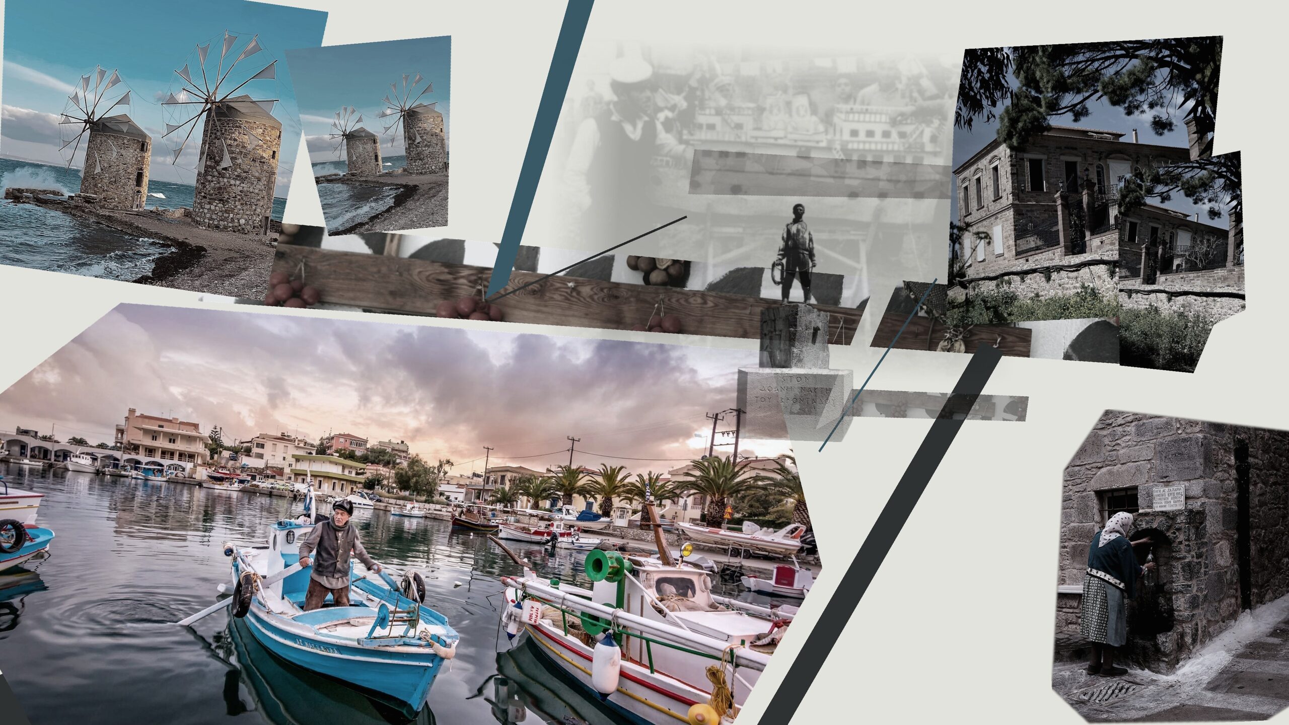 Editorial photomontage of Chios combining a local boatman, the Unknown Sailor monument, Pyrgi patterns, Kampos architecture, windmills and village life