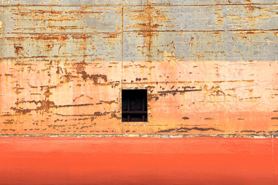 Close-up of a weathered ship’s hull with rust-streaked grey and orange paint and a dark rectangular opening