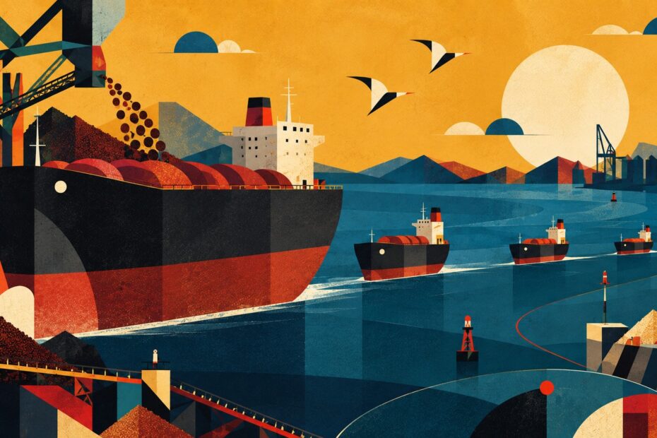 Geometric editorial illustration of four dry bulk carriers moving at different speeds through a stylised global maritime trading landscape