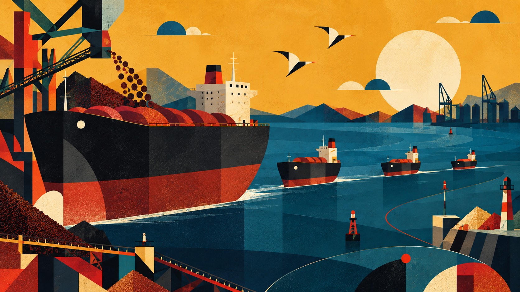 Geometric editorial illustration of four dry bulk carriers moving at different speeds through a stylised global maritime trading landscape