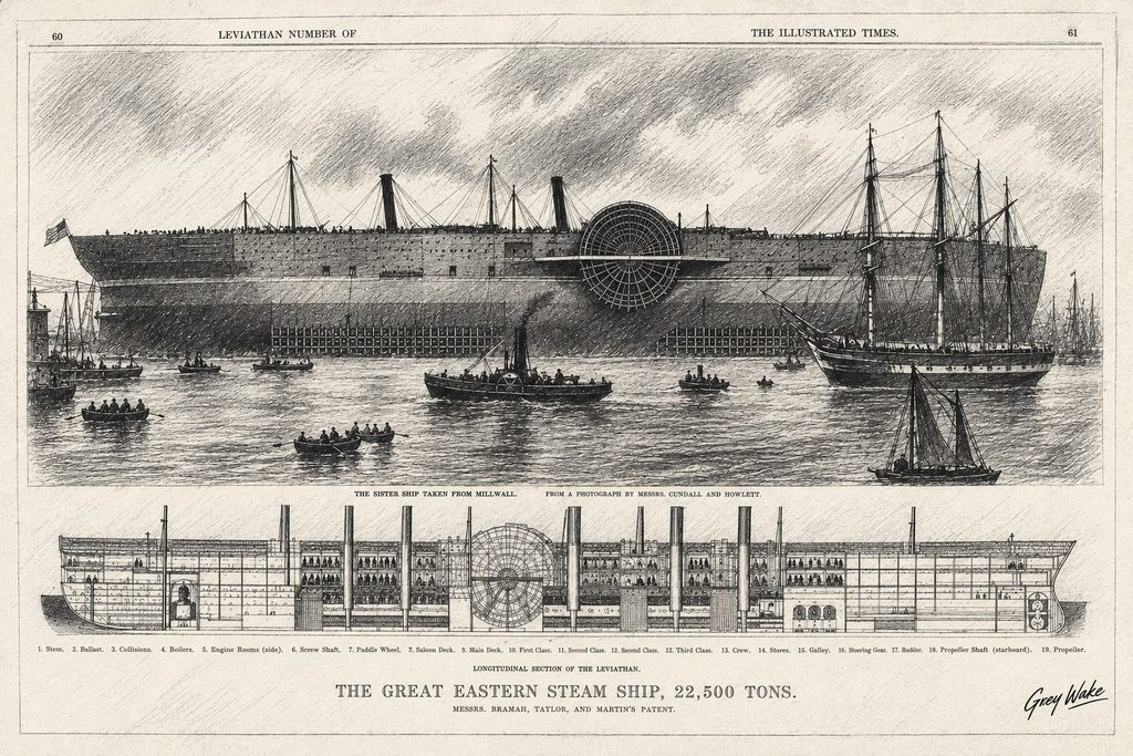 Graphite rendering of the SS Great Eastern alongside a longitudinal section showing its decks, machinery, paddle wheel and propeller