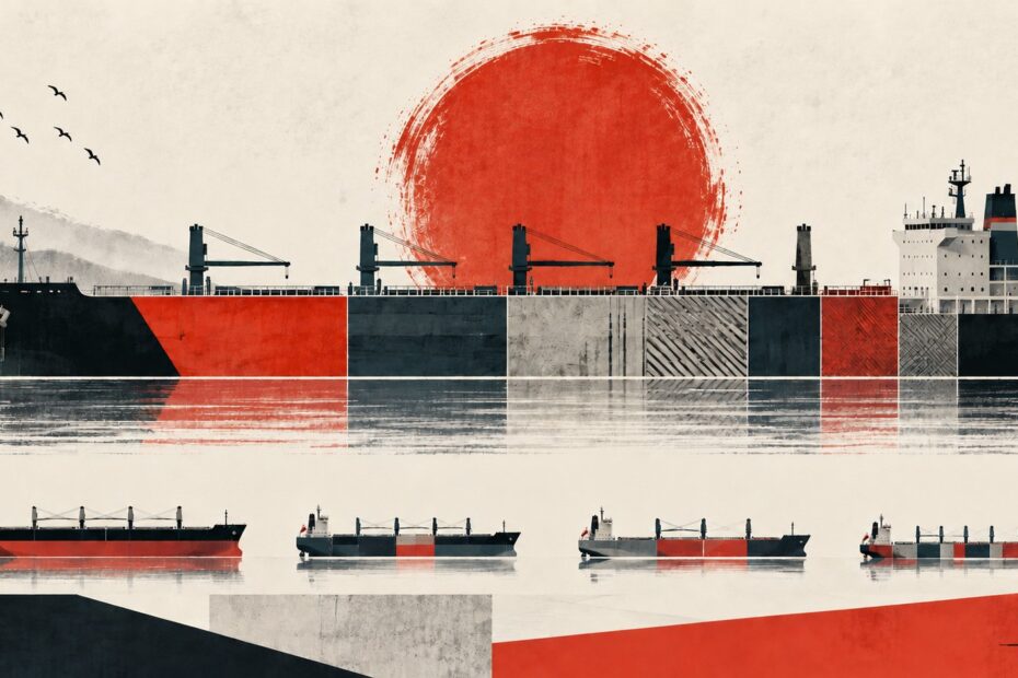 Editorial illustration of a segmented dry bulk carrier beneath a textured red sun, reflecting concentration and specialization in Japanese shipbuilding