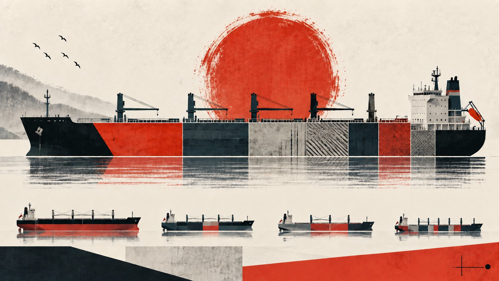 Editorial illustration of a segmented dry bulk carrier beneath a textured red sun, reflecting concentration and specialization in Japanese shipbuilding