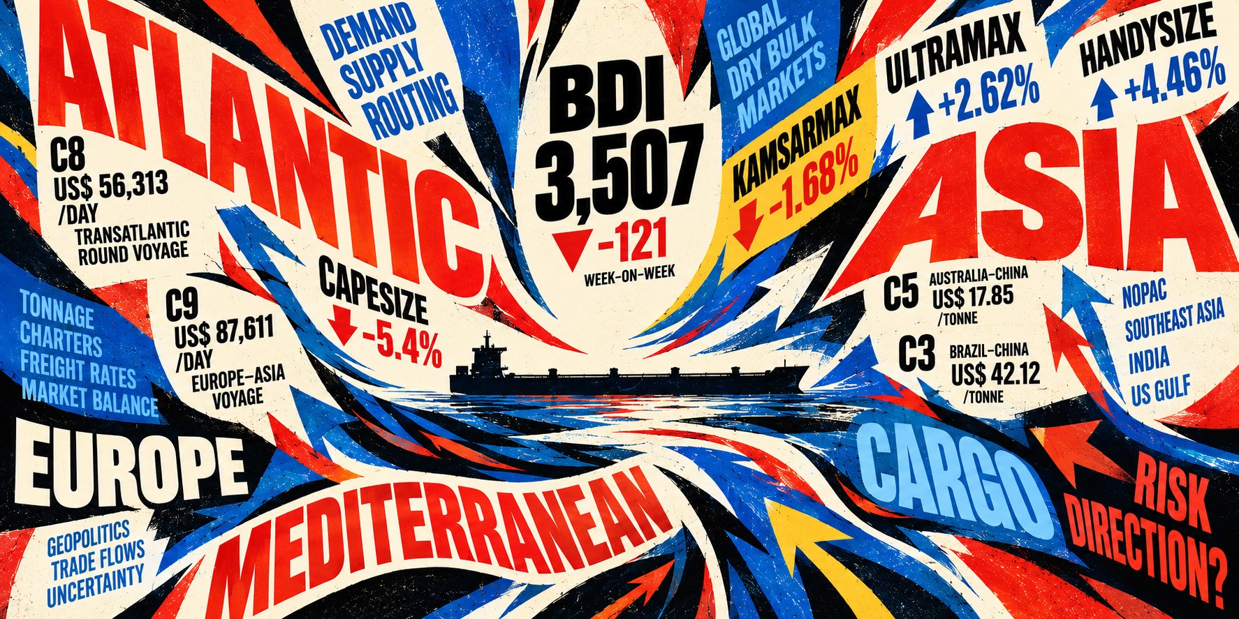 Typographic illustration of a bulk carrier amid swirling global dry bulk market data, freight routes, rates and directional arrows