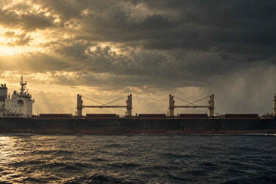 Bulk carrier sailing beneath contrasting skies, with sunlight breaking through clouds as darker weather gathers across the horizon