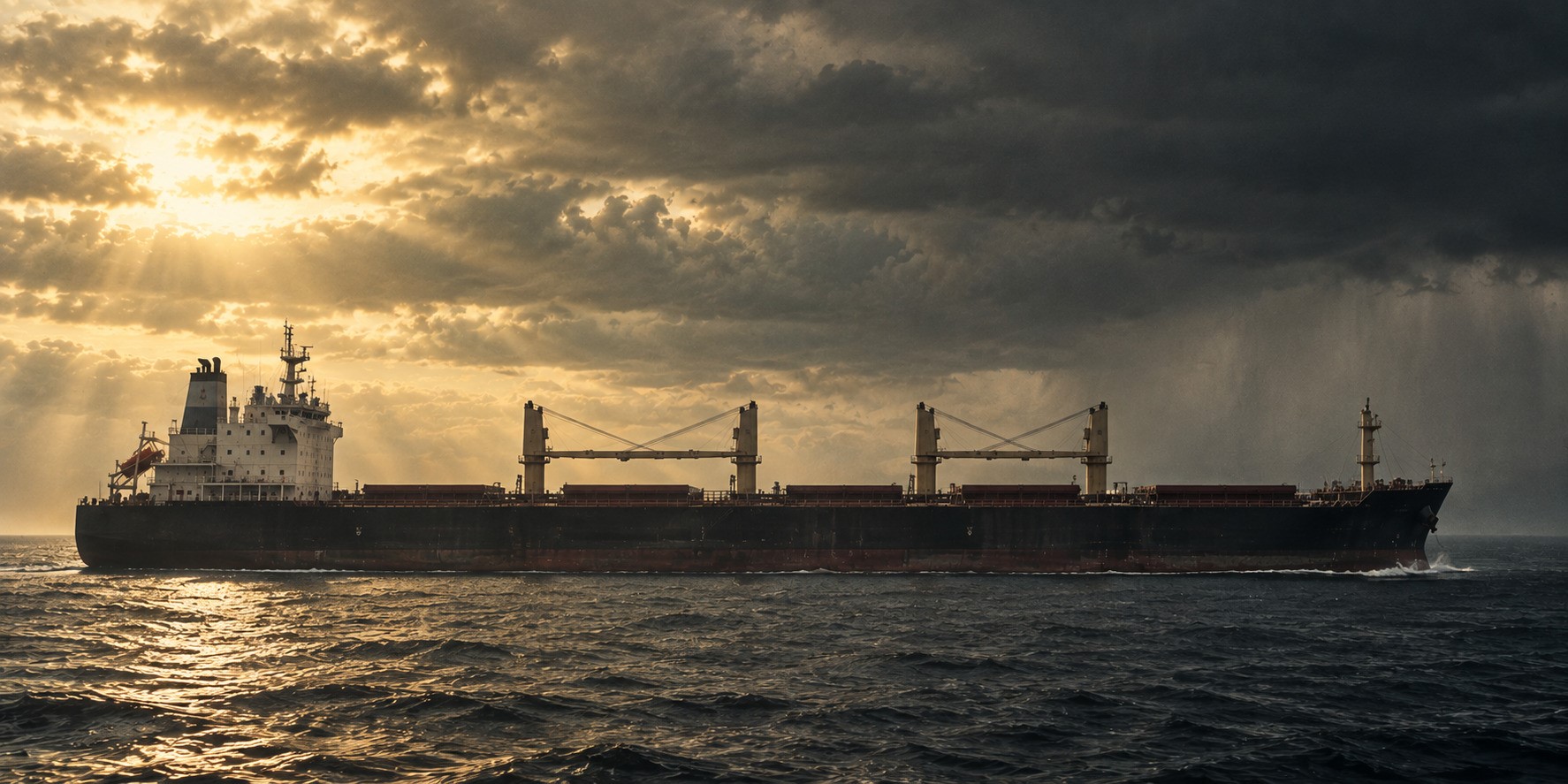 Bulk carrier sailing beneath contrasting skies, with sunlight breaking through clouds as darker weather gathers across the horizon