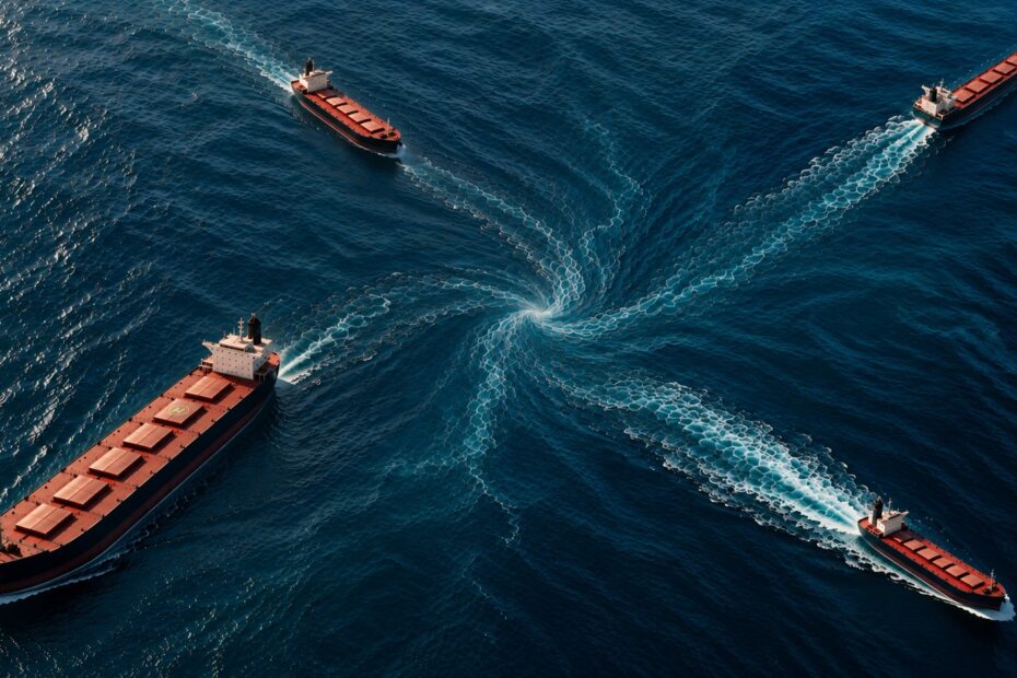 Aerial view of four bulk carriers moving outward in different directions, their wakes converging around a central ocean current