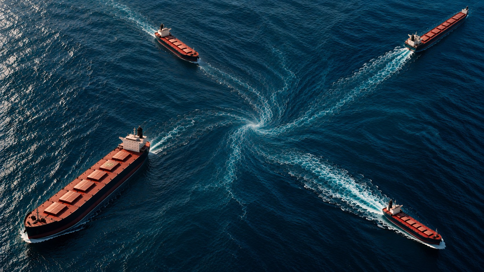 Aerial view of four bulk carriers moving outward in different directions, their wakes converging around a central ocean current