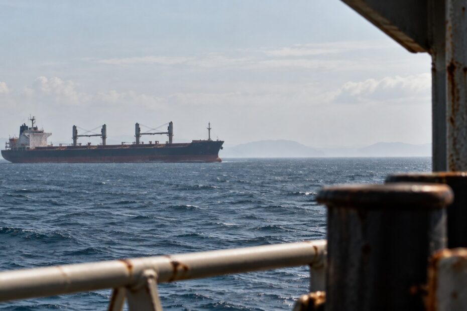 A bulk carrier sails across open water, viewed through weathered deck structures and railings from another vessel