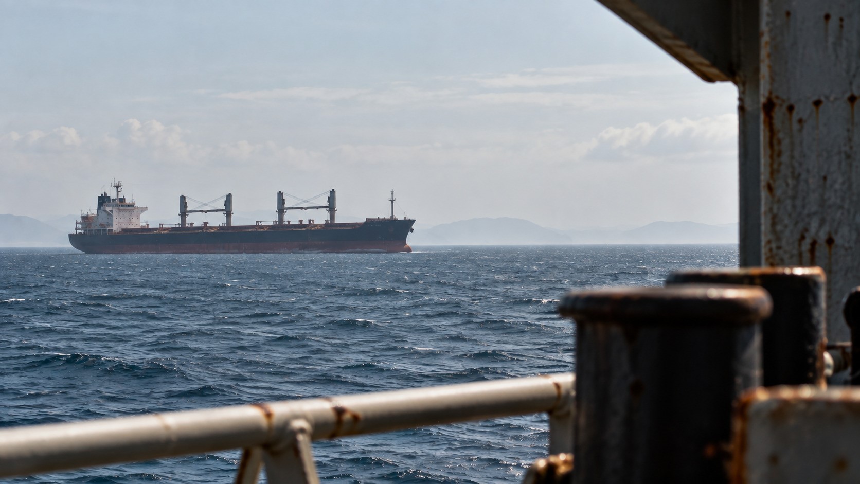 A bulk carrier sails across open water, viewed through weathered deck structures and railings from another vessel
