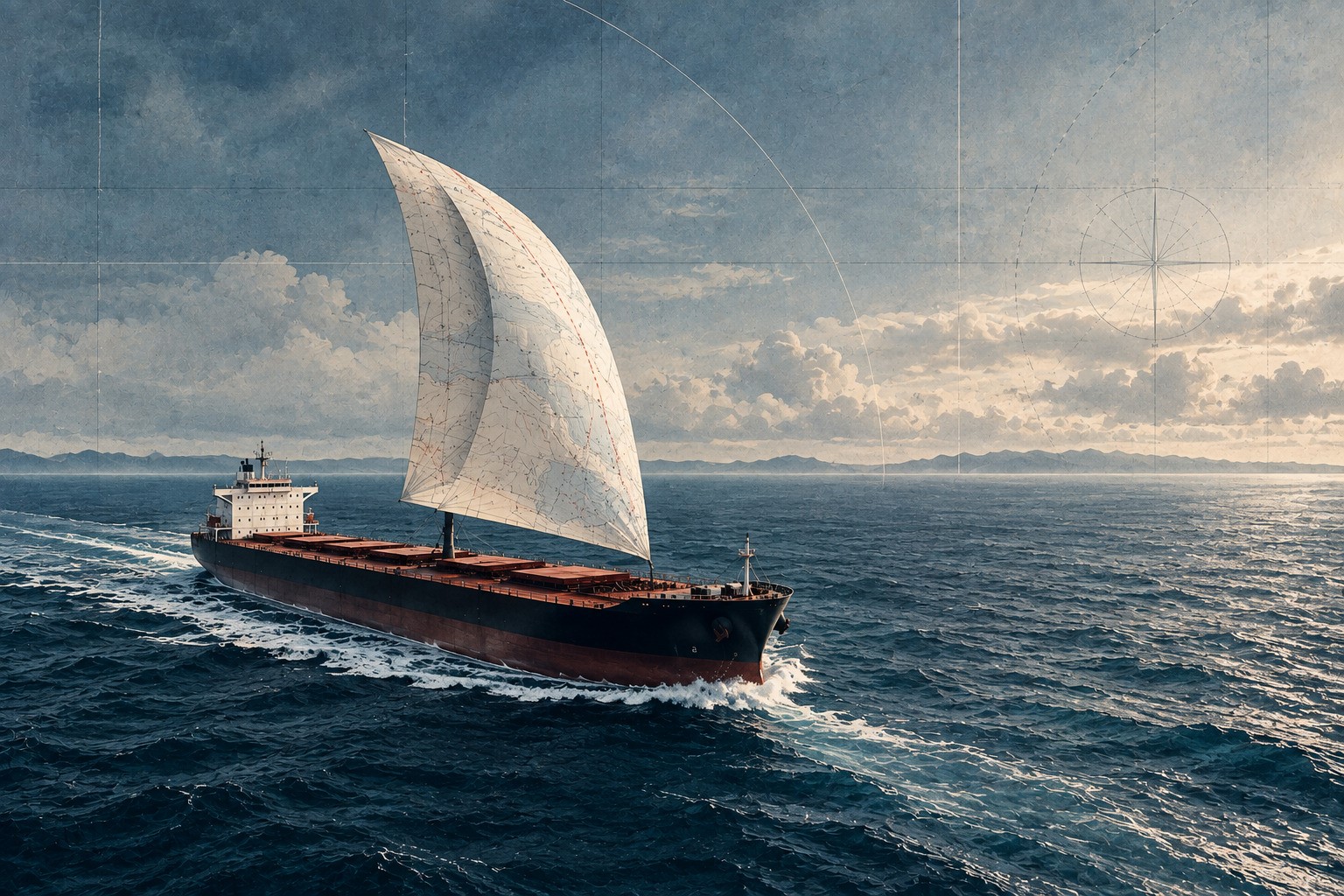 Editorial illustration of a bulk carrier sailing with a nautical-chart sail across open water, symbolising shifting dry bulk market conditions