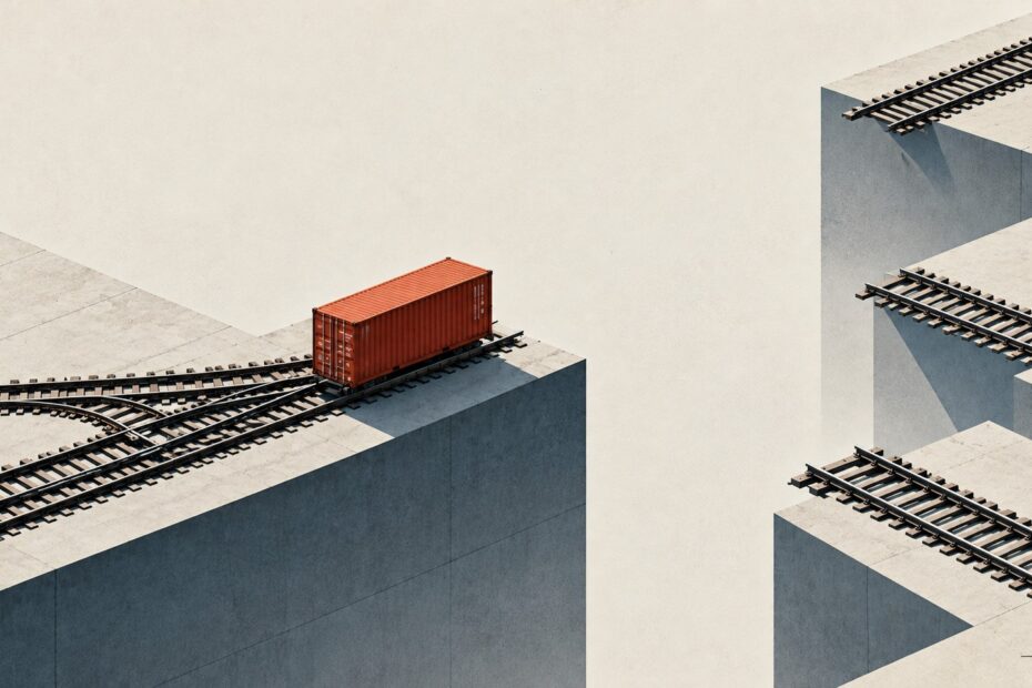 Editorial illustration of fragmented railway tracks separated by gaps, with a red freight container waiting before the disconnected network