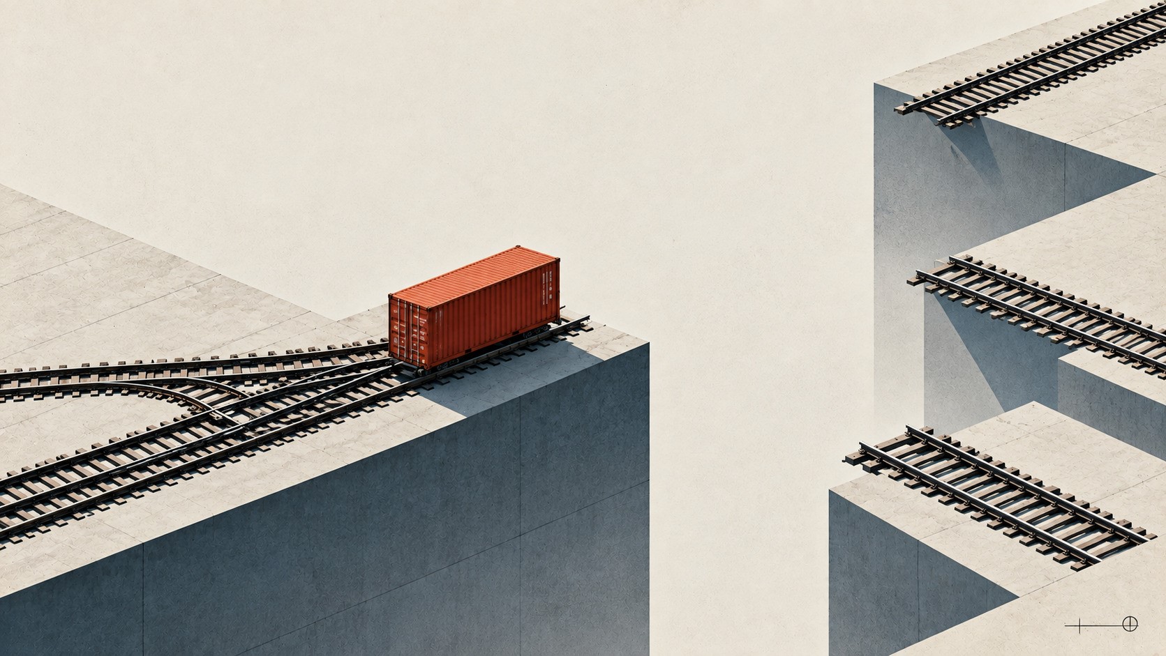 Editorial illustration of fragmented railway tracks separated by gaps, with a red freight container waiting before the disconnected network