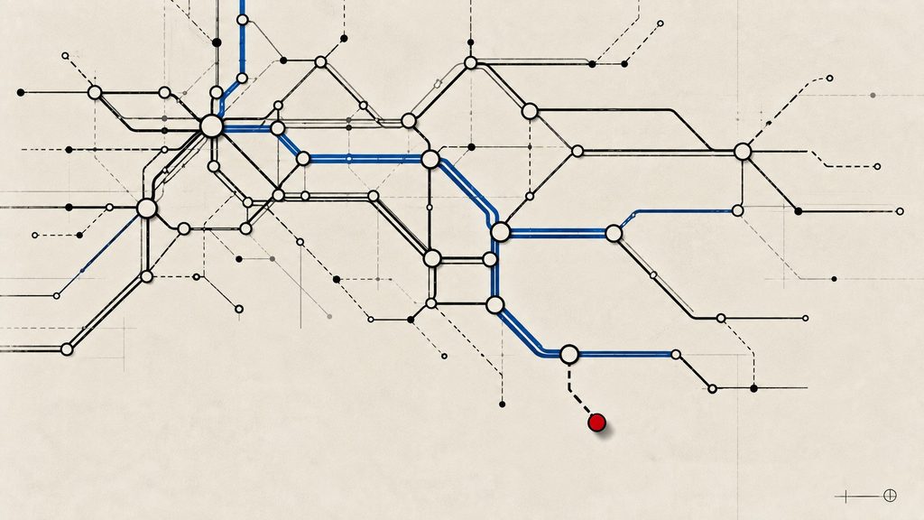 Abstract continental transport network with interconnected routes and a red gateway node positioned close to, but disconnected from, the system