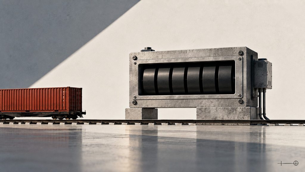 Red freight container passes a large mechanical counter with blank display drums, symbolising cargo movement without publicly visible measurement
