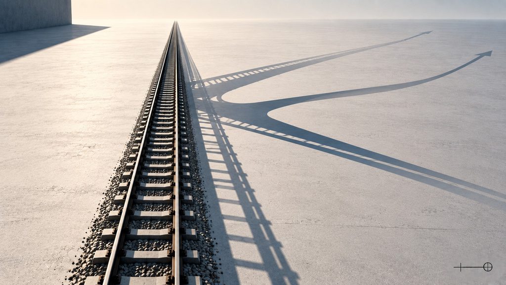 Single railway track crossing an open landscape, while its shadow branches into multiple directional paths across the ground