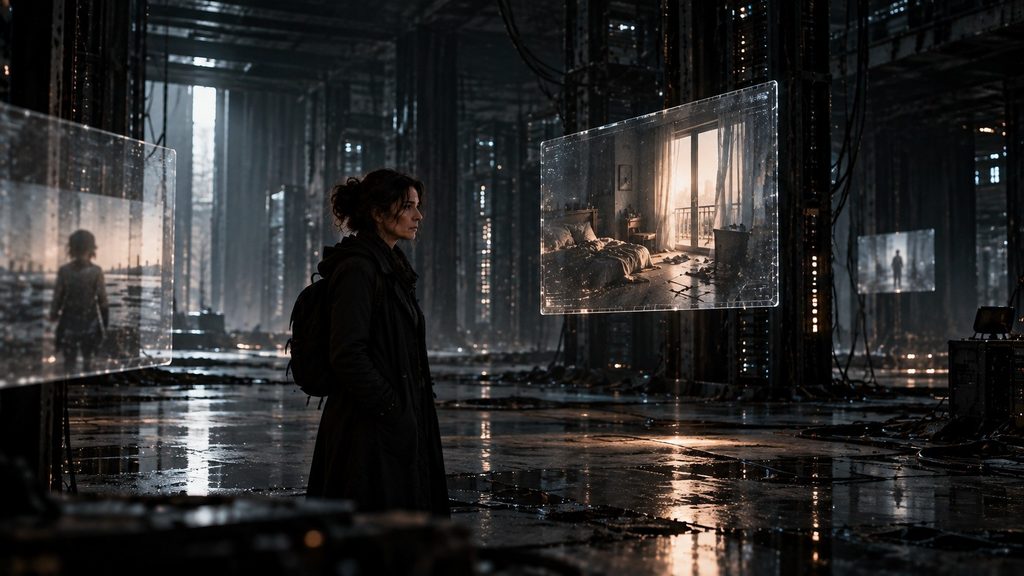 Nyx Argyros standing inside an abandoned data center surrounded by sparse projections of fabricated memories