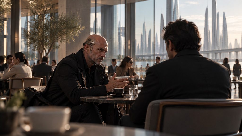 Eon Thales calmly speaking with The “Citizen” in a bright public space as everyday life continues around them