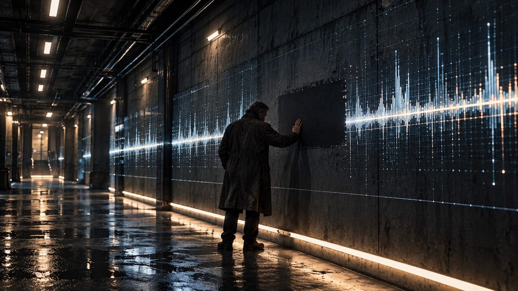 Orion Pax alone in an underground corridor examining a conspicuous gap within a projected data timeline