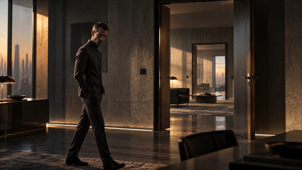 Aster Voss walking through a minimalist Nexara interior where an open doorway reveals an impossible repetition of the room
