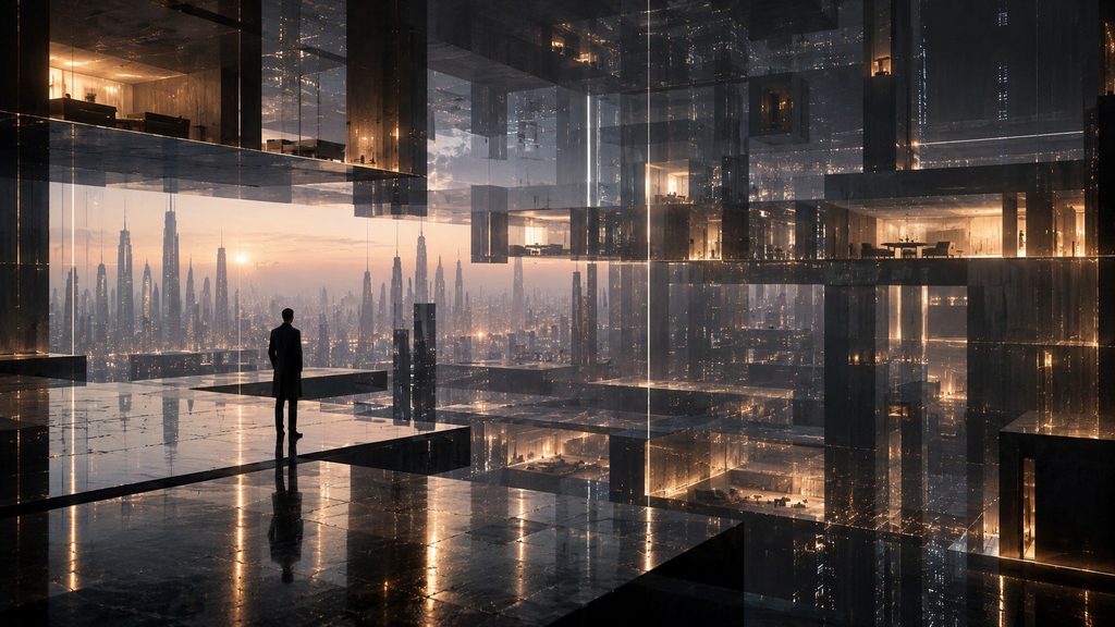 A lone figure facing Nexara’s immense layered architecture as the city appears to form an autonomous, thinking system