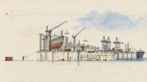 Conceptual ink-and-watercolor illustration of a vast maritime system under construction, with cargo remaining visibly disconnected from its infrastructure