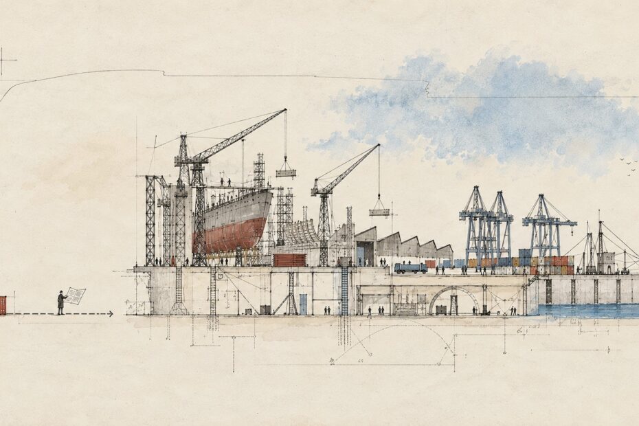 Conceptual ink-and-watercolor illustration of a vast maritime system under construction, with cargo remaining visibly disconnected from its infrastructure