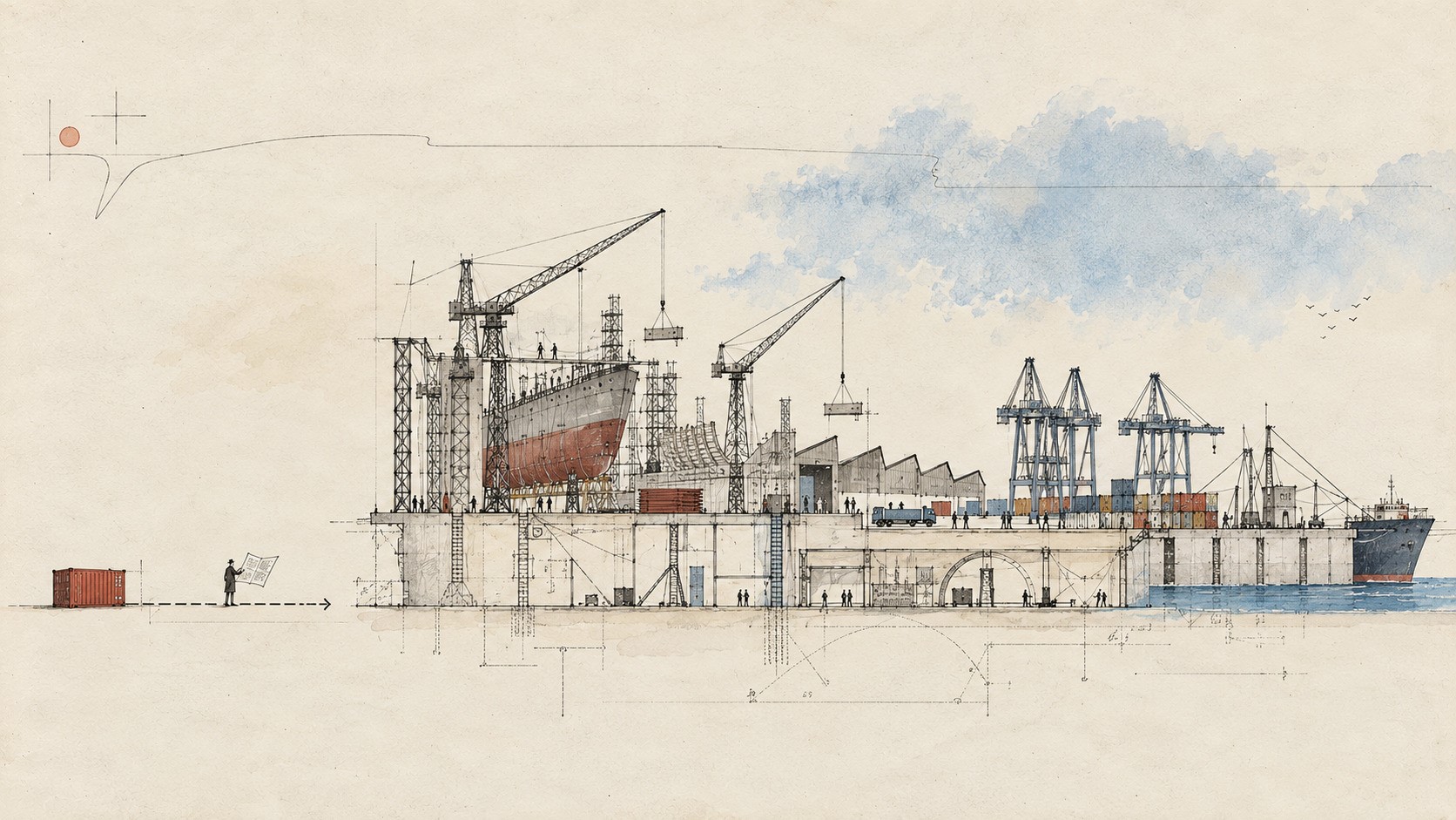 Conceptual ink-and-watercolor illustration of a vast maritime system under construction, with cargo remaining visibly disconnected from its infrastructure