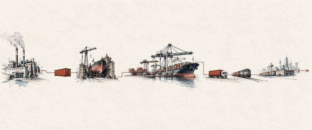 Ink-and-watercolor illustration connecting factory production, containers, shipbuilding, cargo shipping, ports and inland transport within a continuous logistics system