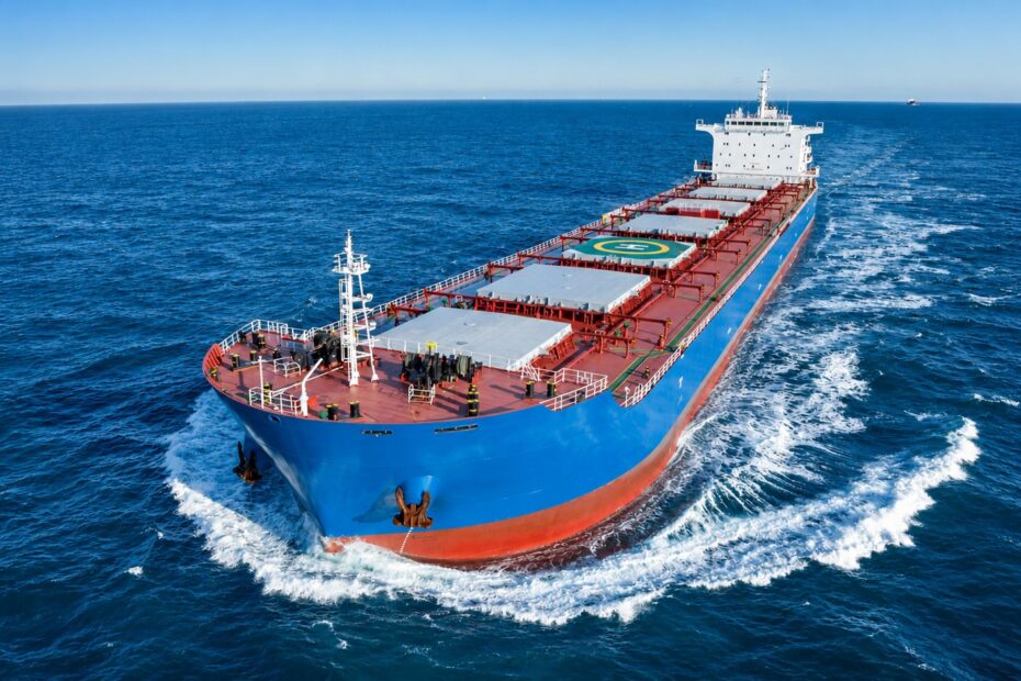 Bulk carrier underway at sea, viewed from an elevated angle as it cuts through open water